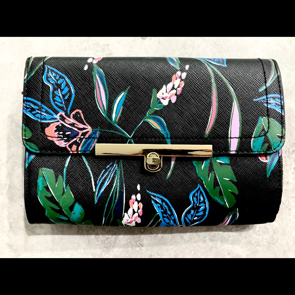 a new day clutch purse / crossbody bag black w/ floral pattern